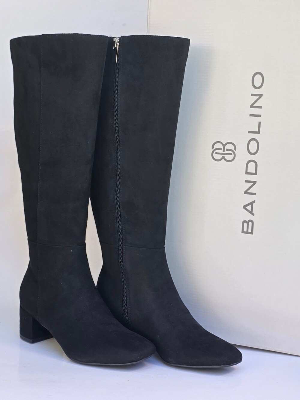 5M Bandolino Addyson Wide Calf Knee High Boots Black Faux Suede Block Heel